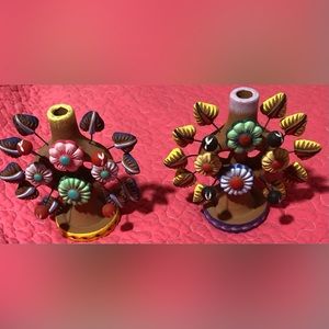 Vintage 5” Mexican Tree of Life Folk Art Pottery Candle Holders (2)